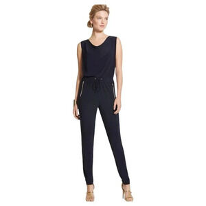 Chico's Kit Cowl Neck Gold Zipper Pockets Jumpsuit Navy Sleeveless Size 0 S/4